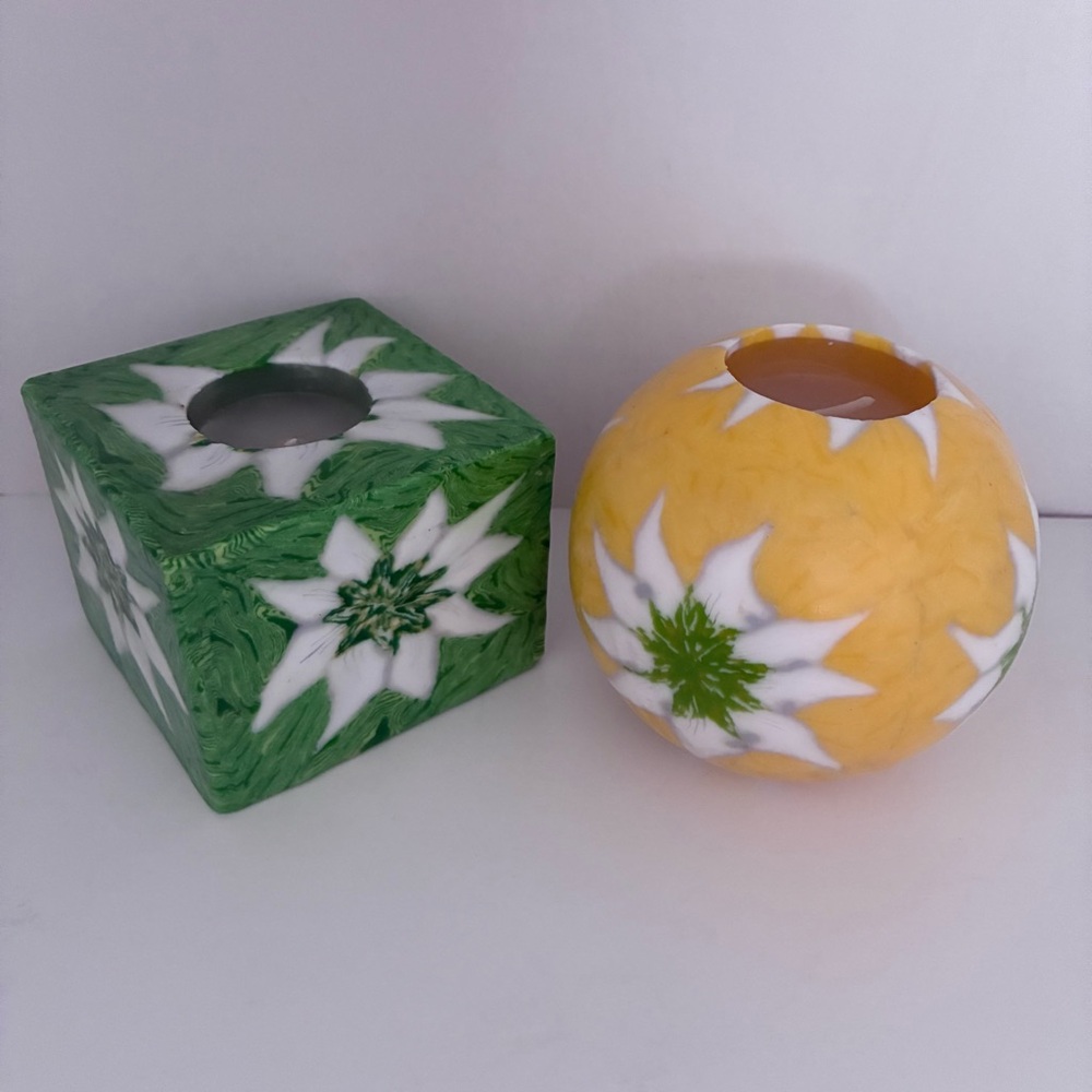 2 NWOT Colorful UNSCENTED Candles Green Yellow Floral designs